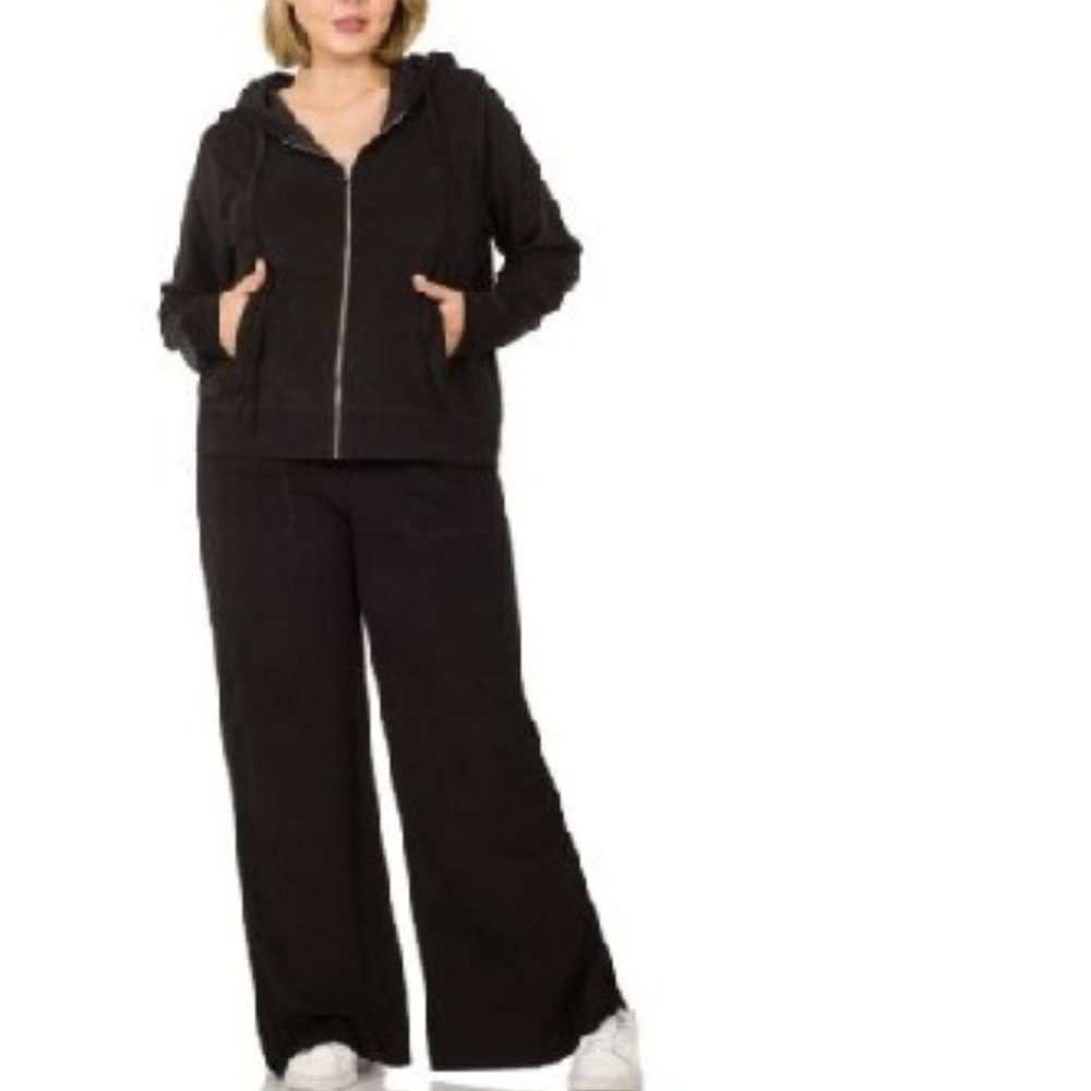 Zenana Plus Size Set Sweat Pants and Hoodie Full Zip Jacket Loop Terry 1X 2X 3X